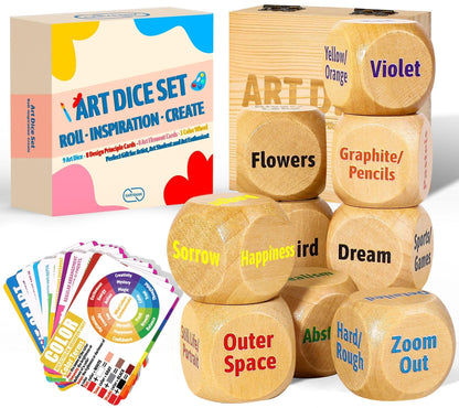 Garybank Inspiration Art Dice Gifts for Artists, W/Drawing Principles Cards - Color Wheel & Painting Knowledge, Art Supplies for Women, Set of 9 Creativity Dice, Cool Artist Teacher Gifts