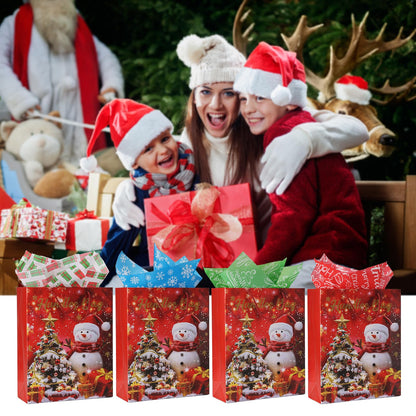 Rusikia 12 Christmas Gift Bags with 12 Tissues and 1 Satin Ribbon, Red Party Favor Bags Bulk with Handles, Glittery Cute Tree Snow-man Paper Bag for Xmas Holiday Party (Medium 10"x4"x12.6")
