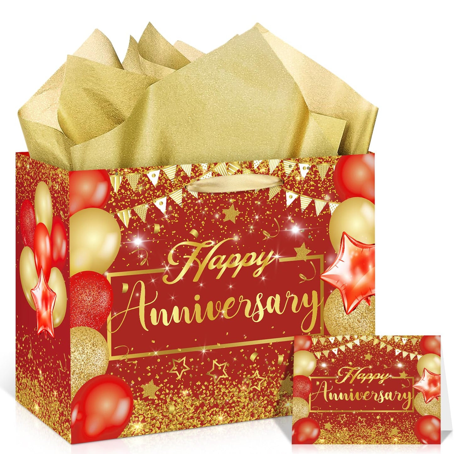 Red Anniversary Party Gift Bag with Tissue Papers and Card, 11.8'' Red Gold Wedding Anniversary Paper Gift Wrapping Bag for Women Men Wedding Party Supplies Gift Bag