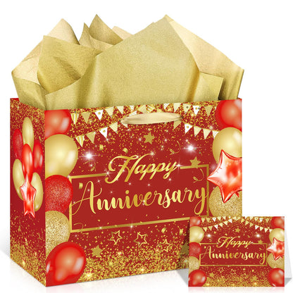 Red Anniversary Party Gift Bag with Tissue Papers and Card, 11.8'' Red Gold Wedding Anniversary Paper Gift Wrapping Bag for Women Men Wedding Party Supplies Gift Bag