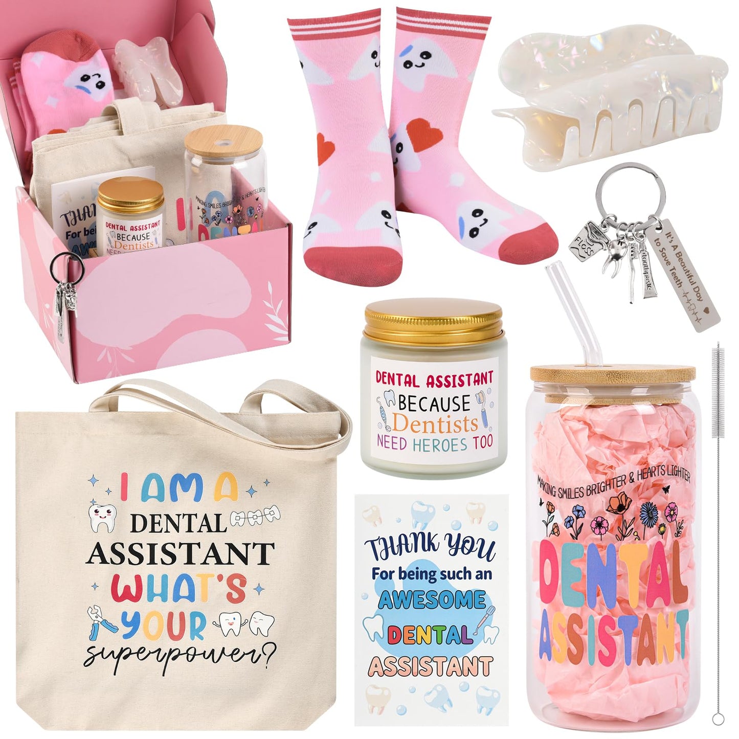 Dental Assistant Gifts for Women Unique Dentist Gifts Funny Dental Hygienist Gift Including Glass Cup Socks Canvas Tote Bag Keychain for Birthday Christmas