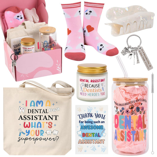 Dental Assistant Gifts for Women Unique Dentist Gifts Funny Dental Hygienist Gift Including Glass Cup Socks Canvas Tote Bag Keychain for Birthday Christmas