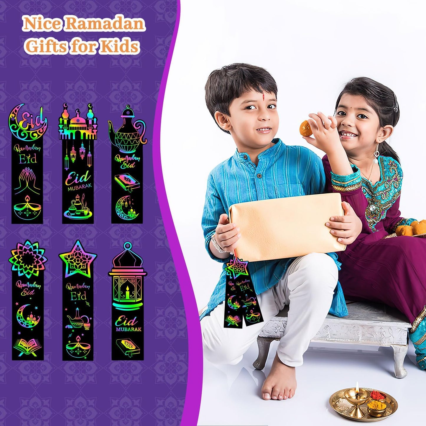 JUNEBRUSHS 30Pcs Ramadan Crafts, Rainbow Magic Ramadan Scratch Bookmarks for amadan Gifts Eid School Classroom Activities Ramadan Arts and Crafts Eid Party Favors