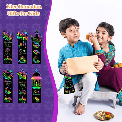 JUNEBRUSHS 30Pcs Ramadan Crafts, Rainbow Magic Ramadan Scratch Bookmarks for amadan Gifts Eid School Classroom Activities Ramadan Arts and Crafts Eid Party Favors