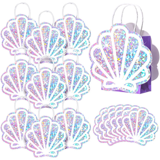 Locmeo 12 Pack Sea Shell Gift Bags Mermaid Goodie Bags Party Favor Iridescent with Handle for Under The Sea Party Summer Ocean Beach Birthday Wedding Shower Celebration Supply Decoration (Holographic)