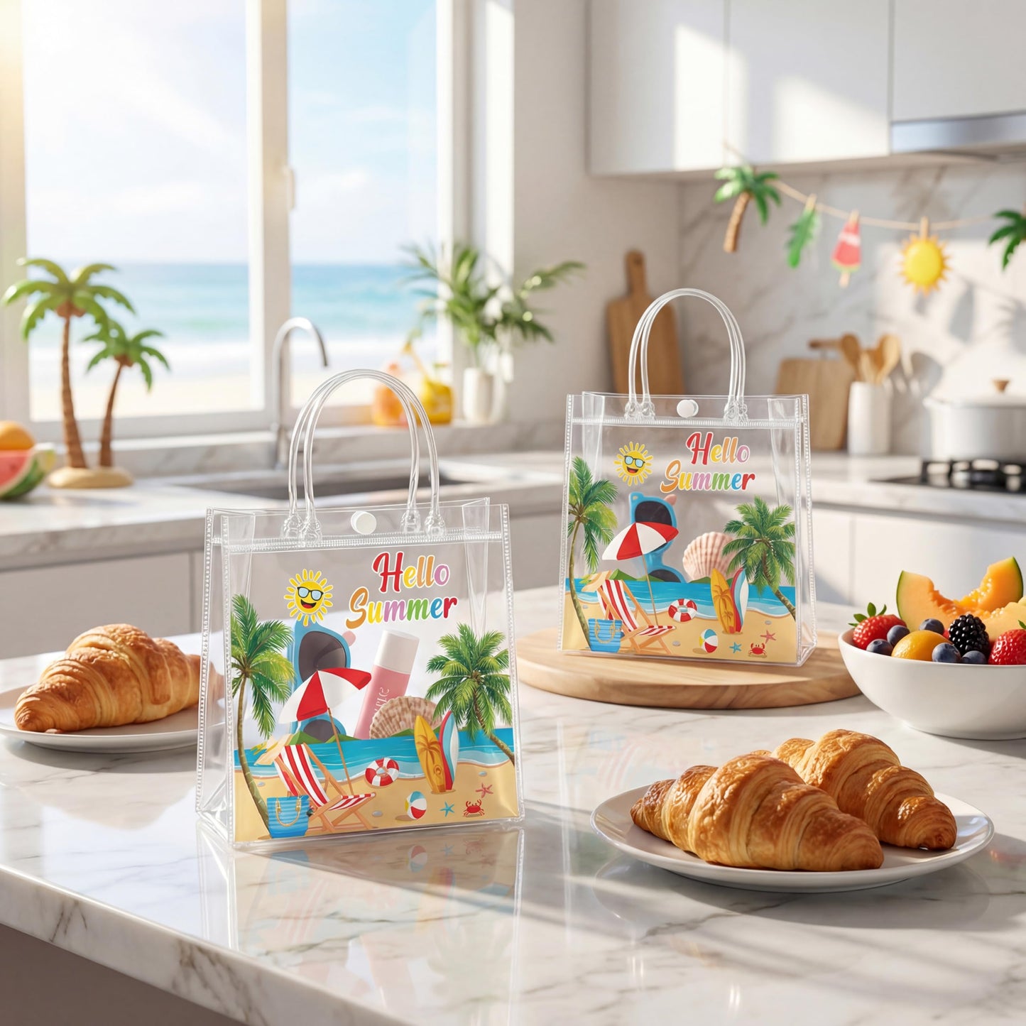 Renbuzhu 25PCS Summer Gift Bags Bulk 8 x 8 x 3Inches: Clear PVC Transparent Bag Waterproof Tote with Handles Beach Pool Birthday Tropical Party Supplies