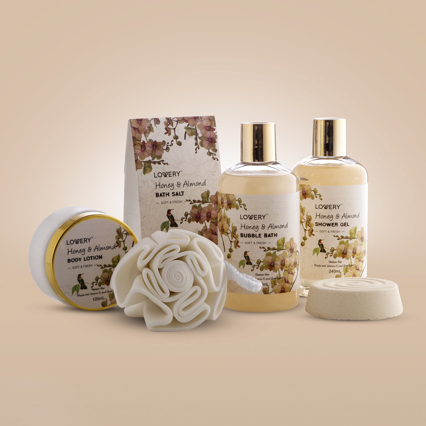 Mothers Day Gift Basket, Gifts for Mom, Daughter, Grandma, Wife, Spa Honey & Almond Scent, Luxury Bath & Body Set, Shower Gel, Bubble Bath, Body Lotion, Salts, Bath Bomb, Bath Puff & Handmade Basket