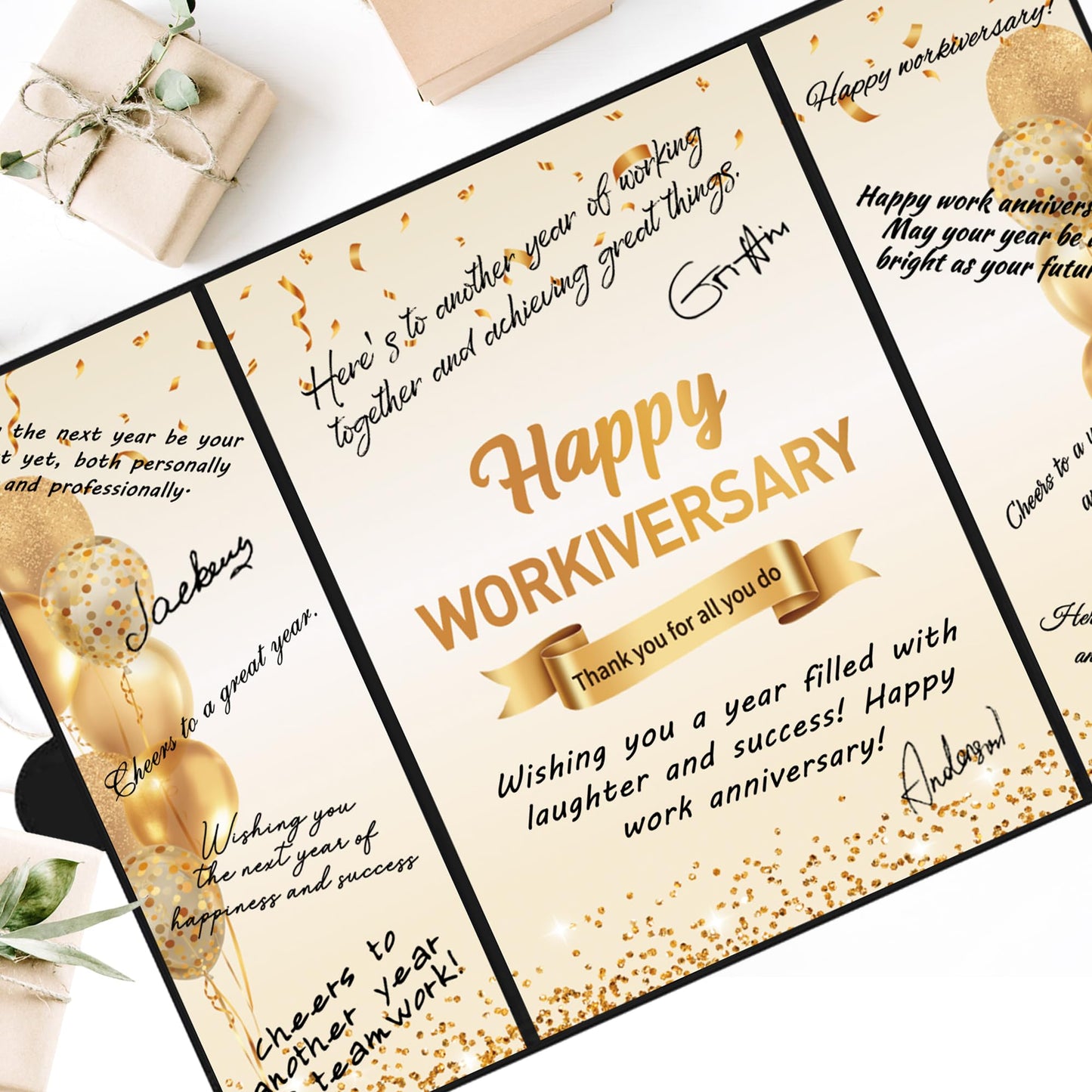 DARUNAXY Black Gold Happy Workiversary Party Decorations, Happy Work Anniversary Alternative Signature Guest Book for Men Women Employee Business Gifts Signing Card Board for Office Supplies