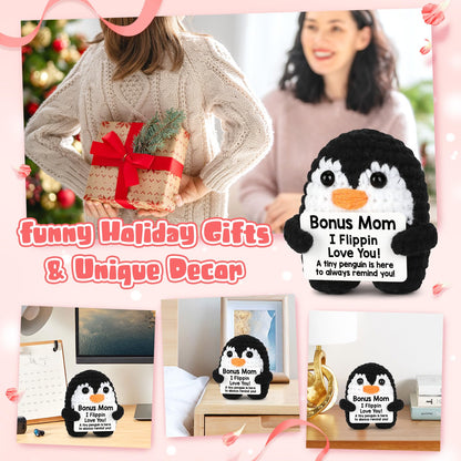 CryCarrot Mini Funny Bonus Mom Gifts for Birthday Mothers Day, Handmade Crochet Penguin for Bonus Mom from Daughter Son, BonusMom Gifts for Birthday Mother‘s Day Christmas Cute Decor