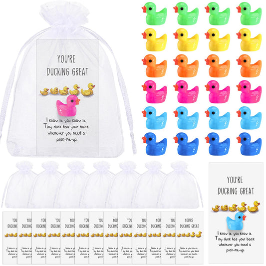 Unittype 24 Pcs Inspirational Gifts Bulk Mini Resin Ducks with You're Great Cards Organza Bags Funny Encouragement Presents for School Office Class Rewards(Colorful)