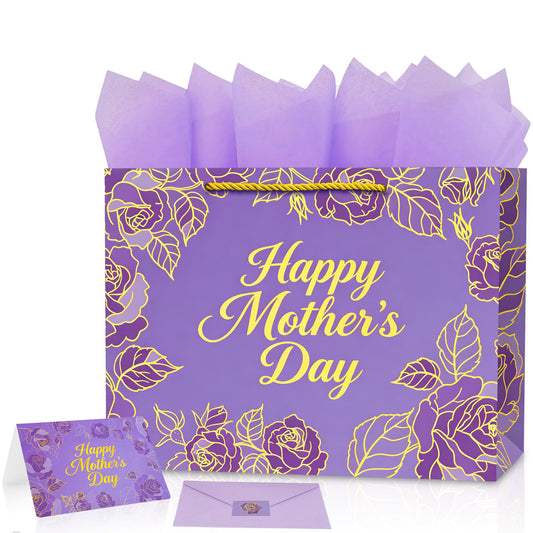CHENRINDECO 13" Large Rose Purple Gift Bag Set (Including Cards, Colored Paper, Envelopes and Stickers), Gift Bags for Women and Girls, Suitable for Mother's Day Themed Birthday Party Supplies