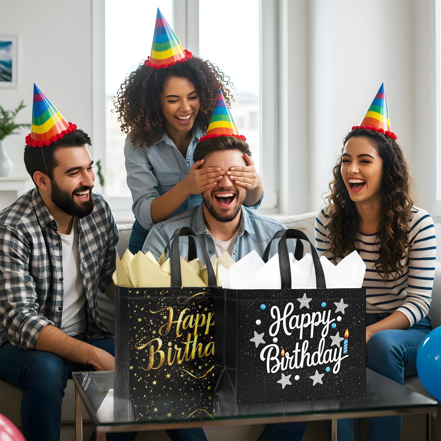 STYPOP 2 Pack 13" Large Birthday Gift Bags with Tissue Paper & Cards, Reusable Non-Woven Happy Birthday Bags with Handles, Perfect Gifts for Men, Boy, Kids, 12.8" x 10.2" x 6.3"