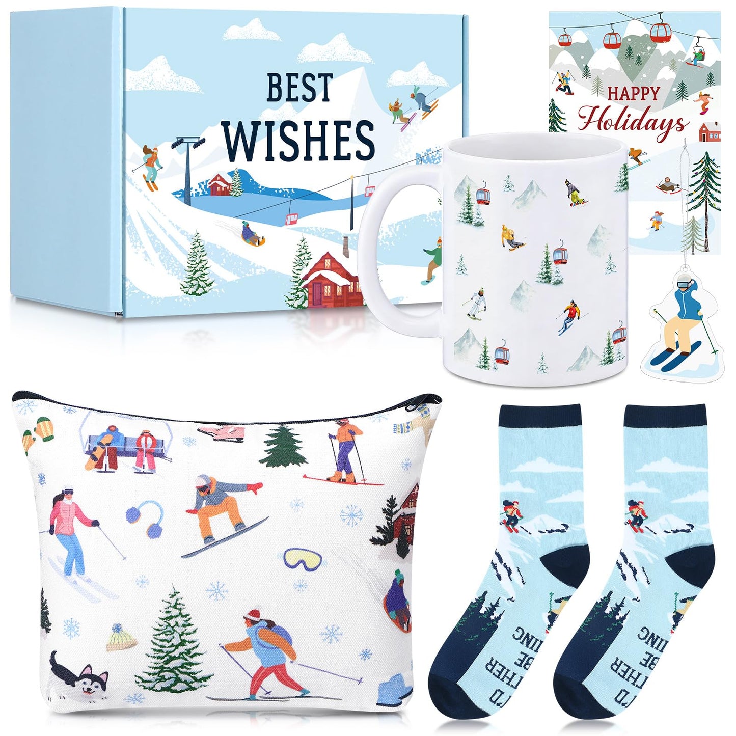 Potchen 6 Pcs Ski Gifts Set Winter Skiing Ceramic Mug, Socks for Skiers, Makeup Bag, Card, Acrylic Christmas Ornament and Box Skiing Accessories for Ski Lovers Women Men Snowboarder