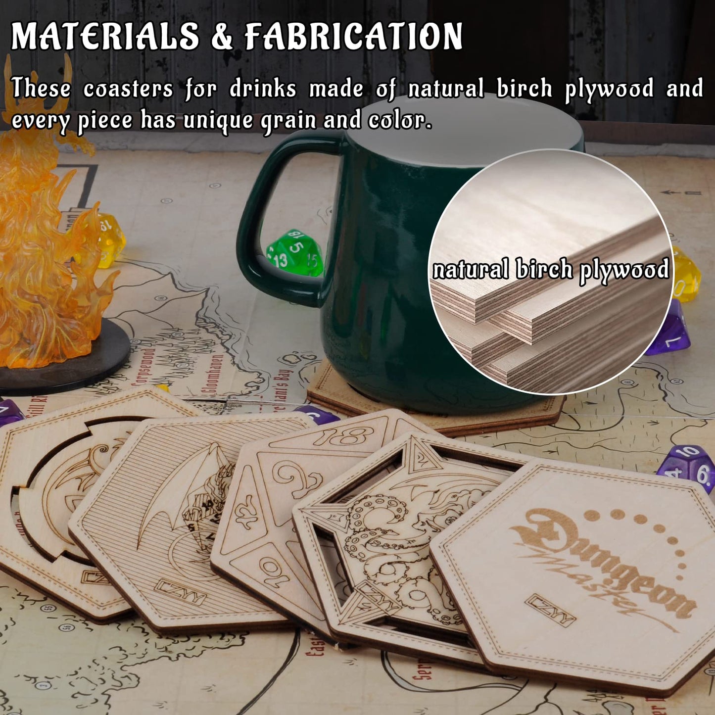 DND Decorative Wood Coasters Cool & Unique Table Mug Cup Mats Laser Engraved with Dragon, D20 and Cthulhu (Set of 5)