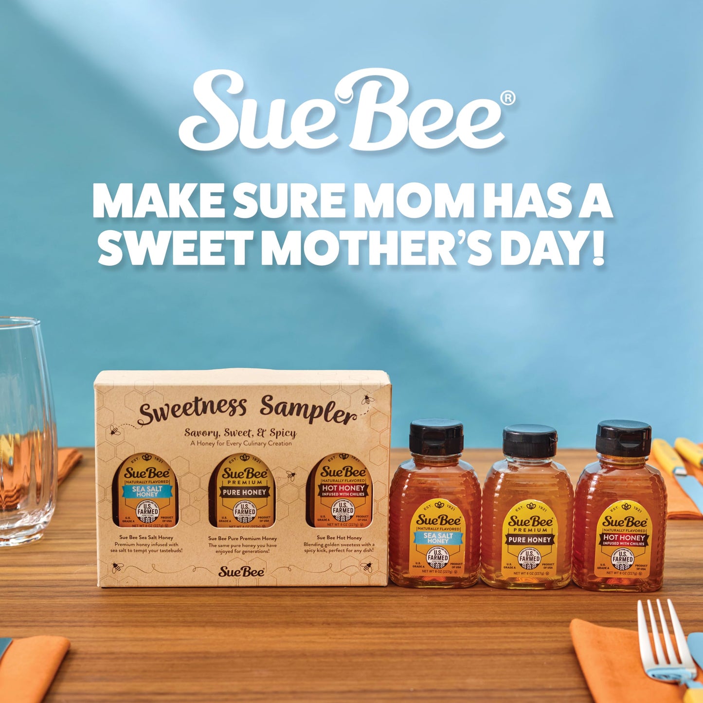 Sue Bee® Sweetness Sampler – 3 Pack Honey Gift Set | Original, Hot & Sea Salt | Pure U.S. Farmed Certified | Gourmet Gift Set for Foodies, Cooking, Tea, Charcuterie & Holiday Gifting 8 Ounce (Pack of 3)