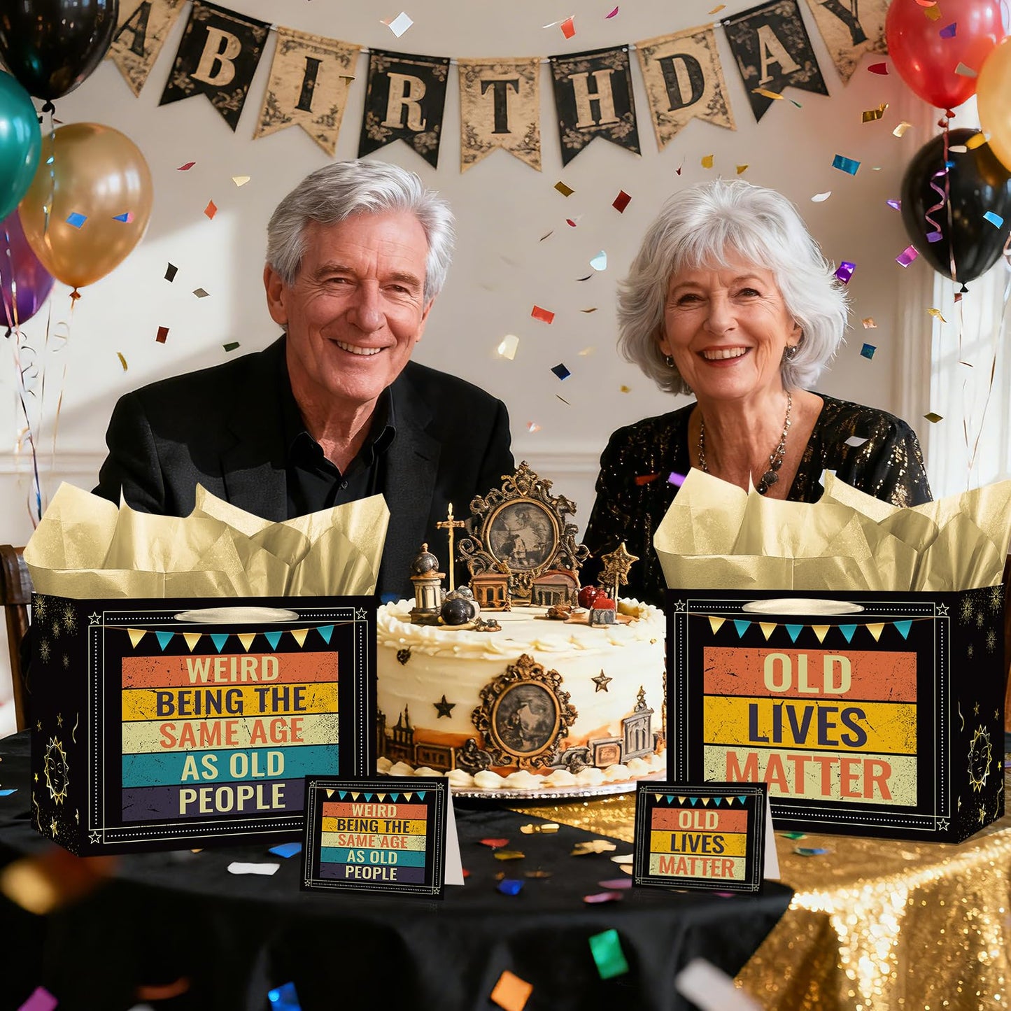 Funny Birthday Gift Bag Old Lives Matter Wrapping Paper Vintage Birthday Gift Bag for Men with Tissue Paper Greeting Card Weird Being The Same Age As Old People Birthday Bags for Dad Grandpa Husband Bday Party Suppllies
