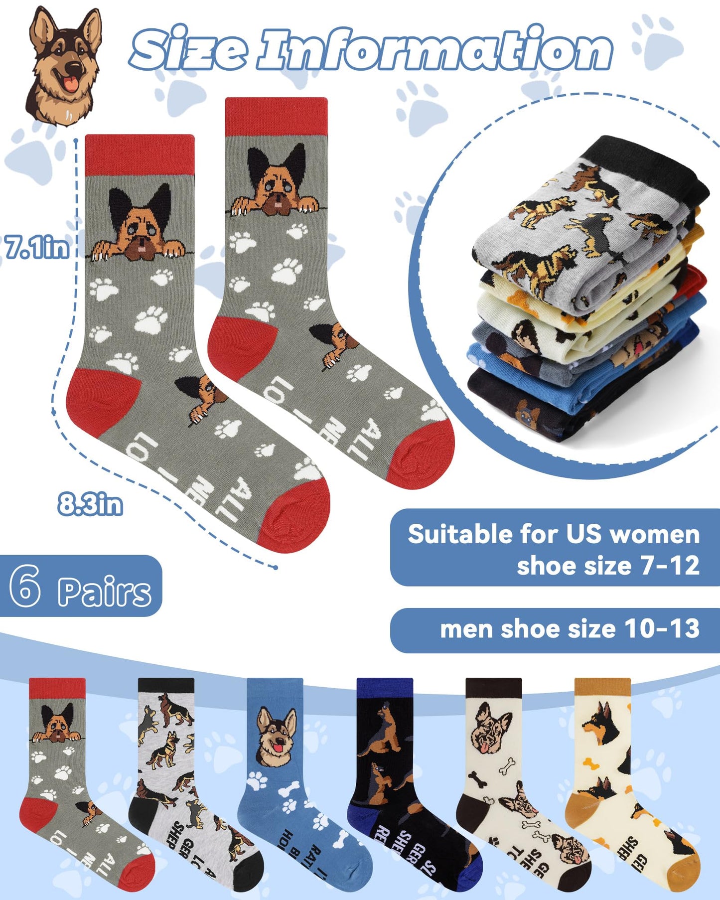 Cuffbow 6 Pairs German Australian Shepherd Socks for Men Funny Cotton Dog Crew Socks Shepherd Dog Lovers Gifts