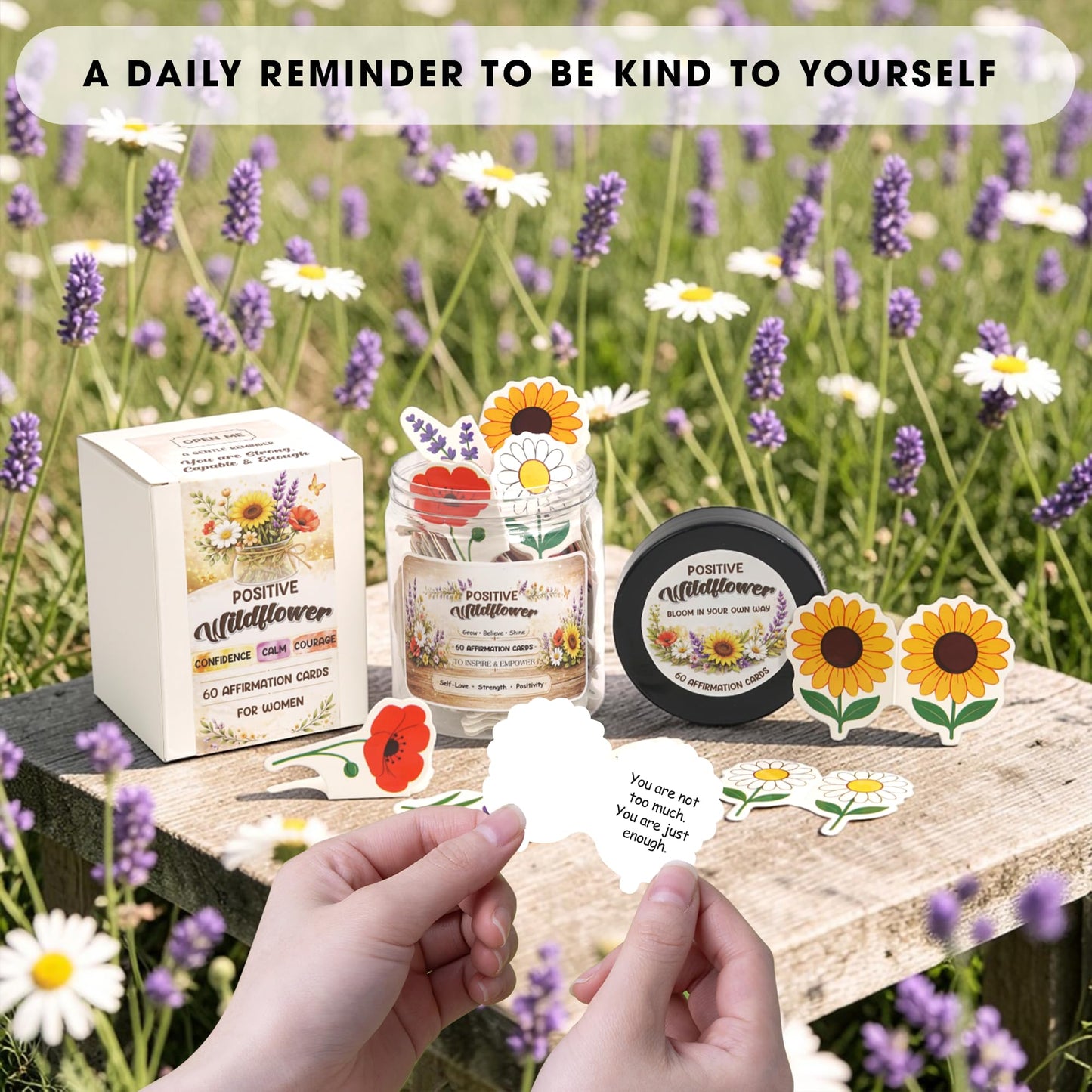 Birthday Gifts for Women, Positive Wildflower Affirmation Cards Jar – Sunflower Daisy Lavender Poppy Daily Affirmations, Encouragement Gift, Relaxation & Stress Relief Desk Decor