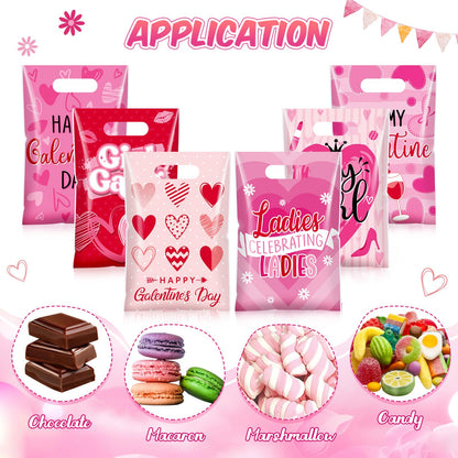 Teenyyou 60 Pcs Galentines Day Gift Bags Pink Red Plastic Heart Treat Bags Small Valentines Goodie Handbags for Women Sweet Day Friendship Party Supplies