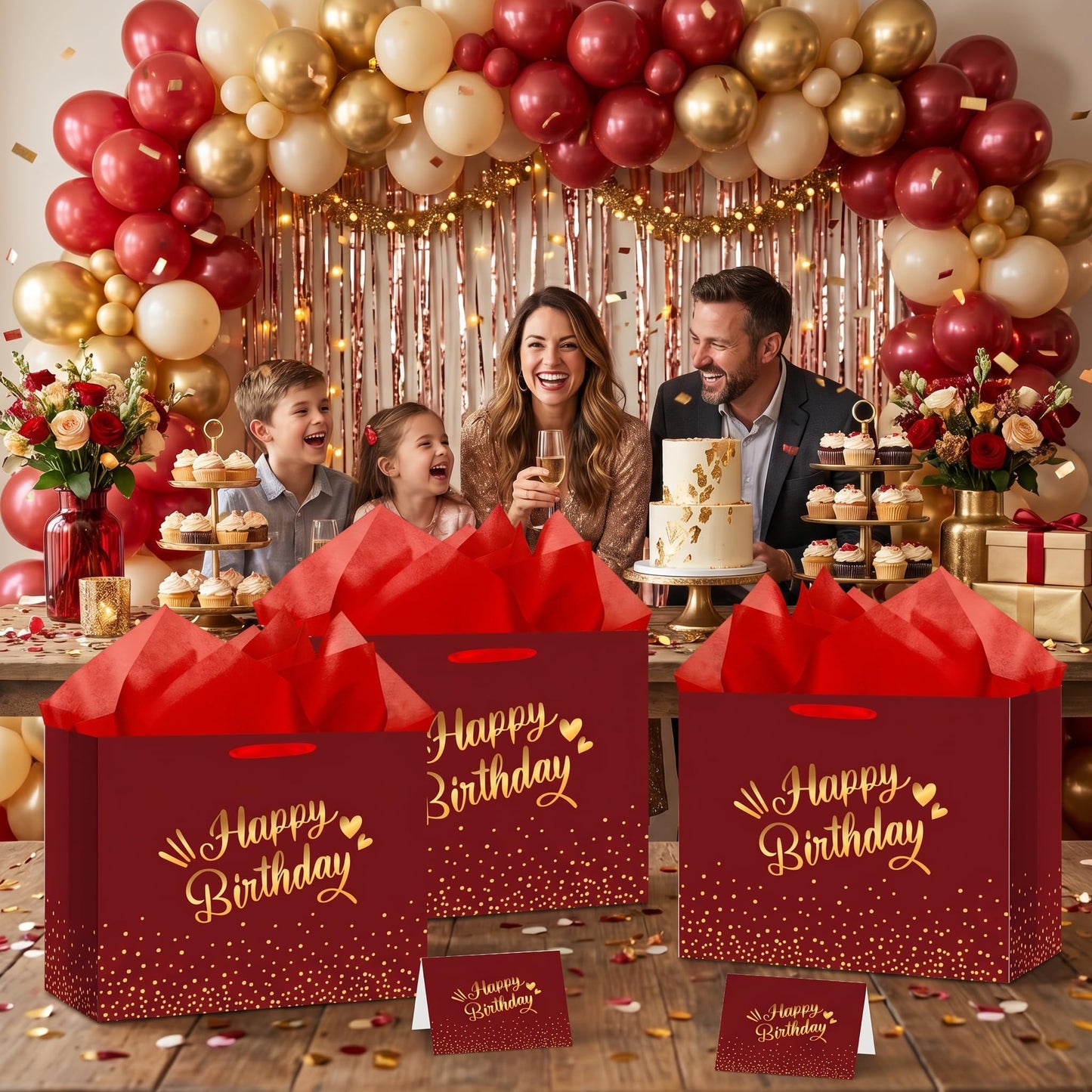Burgundy Birthday Gift Bag with Tissue Paper Card Large Red Gold Foil Happy Wrapping Paper Bag Elegant Present Bags for Adult Women Men Mum Dad Milestone Birthday Supplies Premium Party Favors Decor