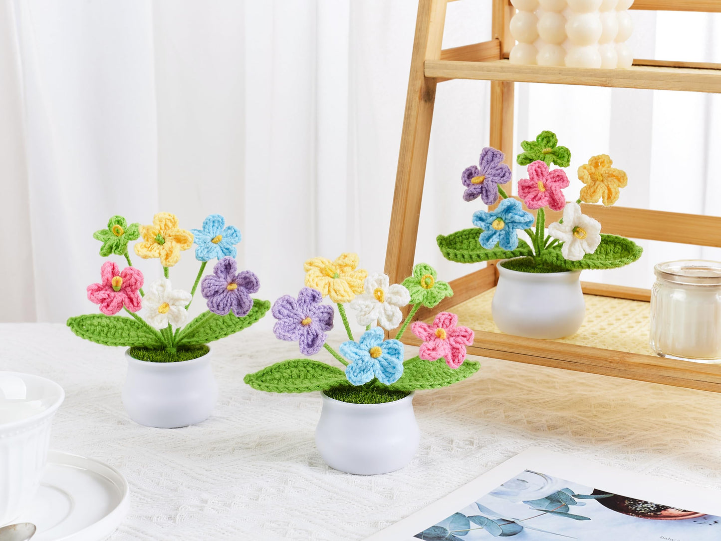 LAIDANLA Crochet Flowers Forget Me Not Potted Plant, Mini Handmade Knitted Flower for Desk, Crochet Flower in Pot, Unique Gifts for Women Teacher Mom Friend, Birthday Graduation