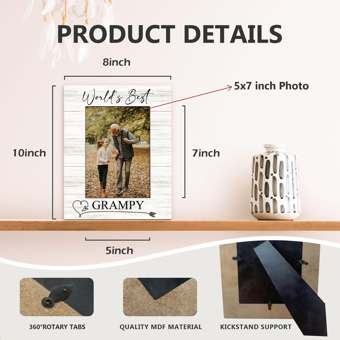 Fathers Day Grampy Picture Frames - Grandpa Photo Frame, GrampyGrandpa Gifts for Father's Day Birthday from Grandkids Grandchildren, World's Best Grampy Picture Photo Frames for Home Bedroom Decor, 5x7