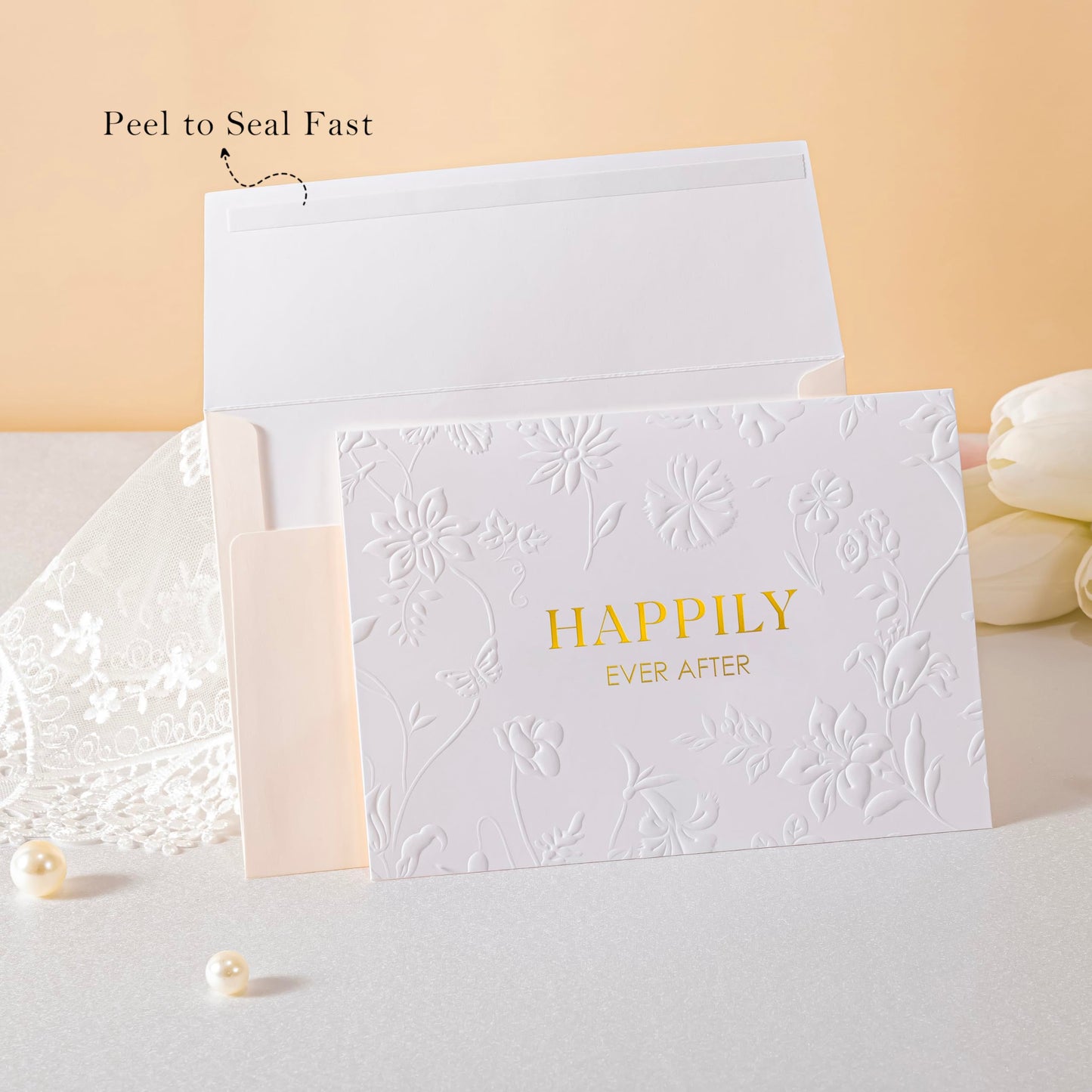 Crisky 13" Embossed Wedding Gift Bag with Pearl Handles, Large Bridal Shower Gift Bag with Greeting Card Tissue Paper Envelopes (Happily Ever After) for Bride, Women, Friends Engagement Party