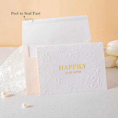 Crisky 13" Embossed Wedding Gift Bag with Pearl Handles, Large Bridal Shower Gift Bag with Greeting Card Tissue Paper Envelopes (Happily Ever After) for Bride, Women, Friends Engagement Party