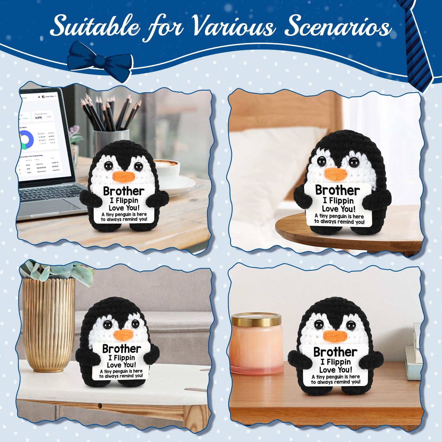 CryCarrot Mini Funny Fathers Day Brother Gifts from Sister Brother, Handmade Crochet Mini Penguin Birthday Gifts for Brother Boy Friend, I Love You Brother for Fathers Day Present Positive Cute Decor
