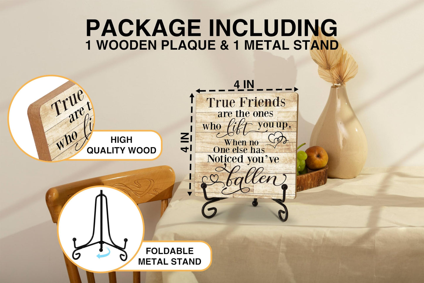 Friendship Quotes Desk Decor Gifts for Women Best Friends, True Friends Are The Ones Who Lift You Up Tabletop Sign, Motivational Wood Plaque With Iron Stand for Home Office Bedroom -16