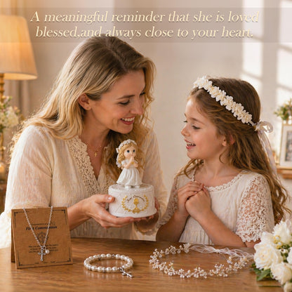 First Communion Gifts for Girls- First Holy Girl Figurine with Keepsake Box & Flower Girl Headpiece & Cross Necklace & Cross Bracelet Included, 1st Communion Gifts for Girls