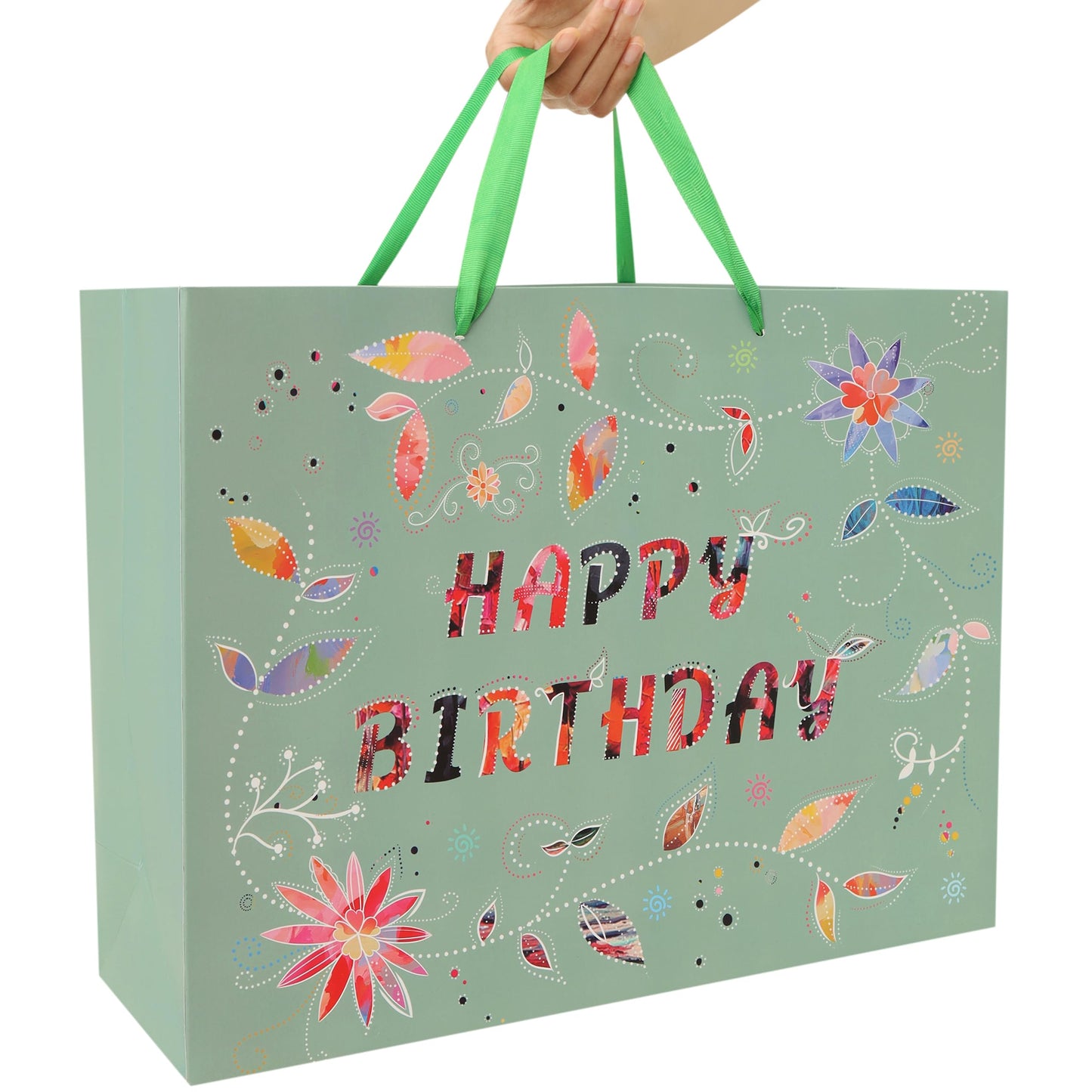 Qirrmiy 16.5” Extra Large Happy Birthday Gift Bag Set with Handles, Greeting Card, Tissue Papers and Stickers for Women Girls, Green Floral Design, 1 Pcs