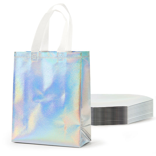 PACKINNO 15 Pcs Iridescent Gift Bags with Handles, 8x4x10 Inch Holographic Reusable Gift Bags Medium Size, Ideal for Birthday, Christmas, Party Favors, Wedding, Holidays, Valentines