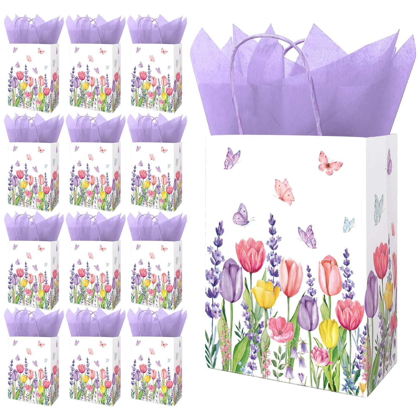 FYSUIMU 24 Pcs Tulips Lavender Floral Paper Gift Bags with 30 Purple Tissue Paper Watercolor Flower Butterfly Treat Bag with Handles for Birthday Baby Shower Wedding Party Favors