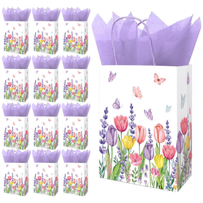 FYSUIMU 24 Pcs Tulips Lavender Floral Paper Gift Bags with 30 Purple Tissue Paper Watercolor Flower Butterfly Treat Bag with Handles for Birthday Baby Shower Wedding Party Favors