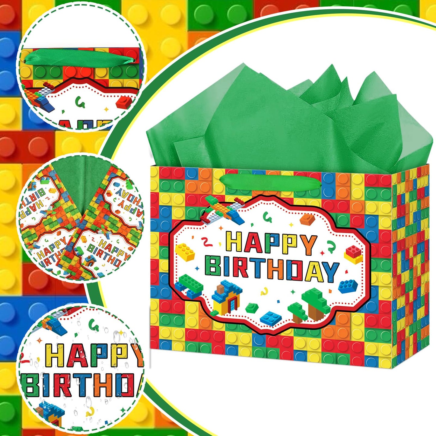 Abilat Building Blocks Birthday Gift Bag with Tissue Paper and Greeting Card Large Happy Birthday Gift Wrapping Bag for Kids Boys Girls Bricks Theme Party Decorations Supplies