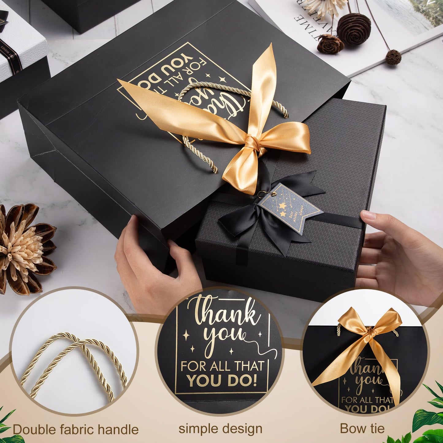 Kolldenn 12 Pcs Large Thank You Gift Bags with Handles Tissue Papers Bows 12.6 x 9.84 x 4.3 Inches Appreciation Bags for Teacher Volunteer Employee Coworker(Black)