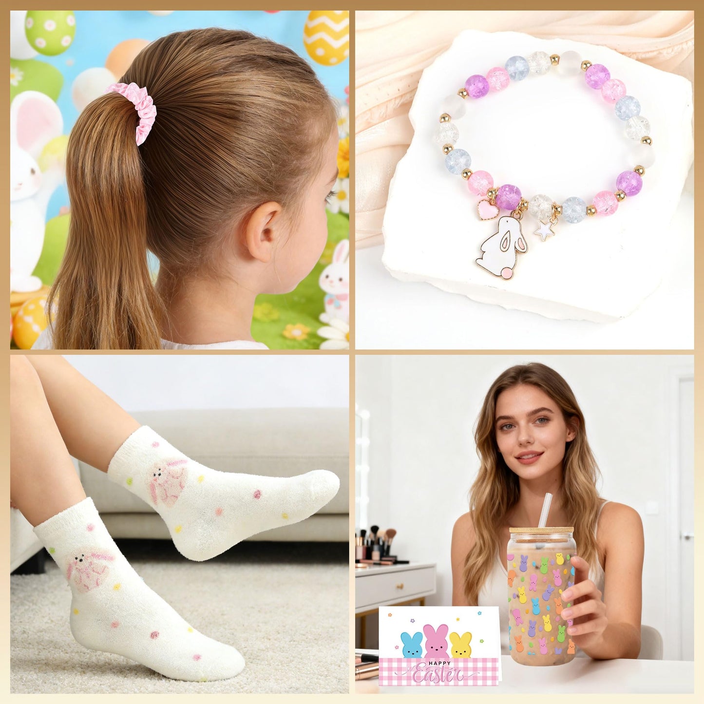 Easter Gifts for Teen Girls & Women, 5 Pcs Easter Basket Stuffers, Bunny Gift Set with 16oz Rabbit Glass Tumbler, Cute Greeting Card, Bracelet, Hair Scrunchie, Socks