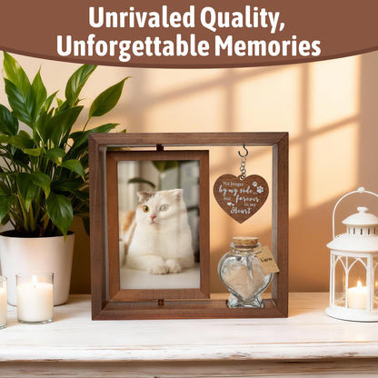 Cat Memorial Gifts for Loss of Cat - Rotating Wooden Frame for 4x6 Photo & Fur Hair Jar - Sympathy Gift for Pet Bereavement, Remembrance Keepsake - Rainbow Bridge Gift for Cat Lovers