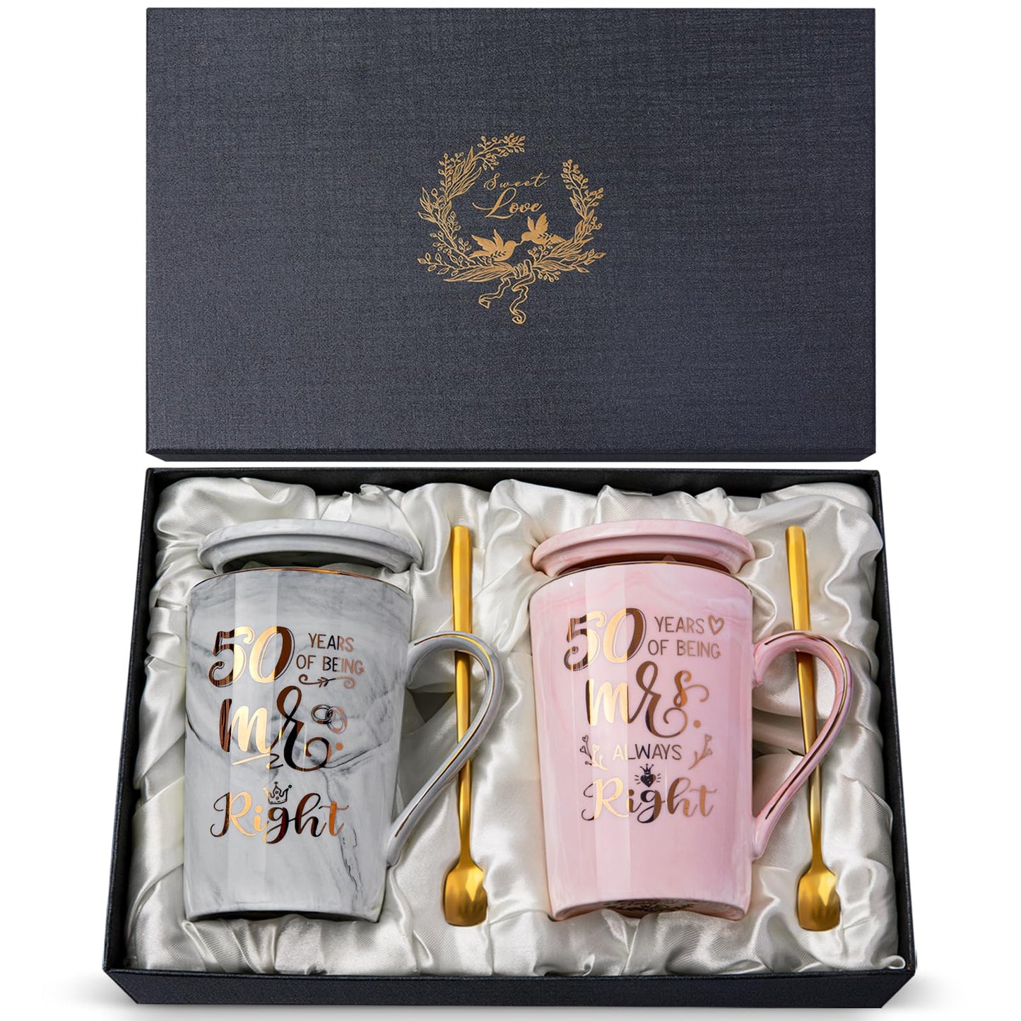 Biching 50th Wedding Anniversary for Couples, Golden 50th Anniversary Mugs Gifts for Parents Grandparents, 14Oz 50th Wedding Couple Mugs with Spoons, Lids, Greeting Card, Gift Box