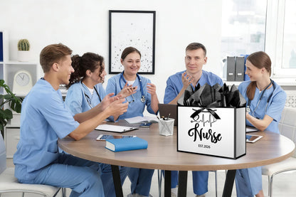 XiaosRen 12.6" White and Black Nurse Gift Bag, EST 2026 Nurse Graduation Gift Bag with Tissue Paper, Card and Ribbon, for Nurses Day, Medical Graduates.