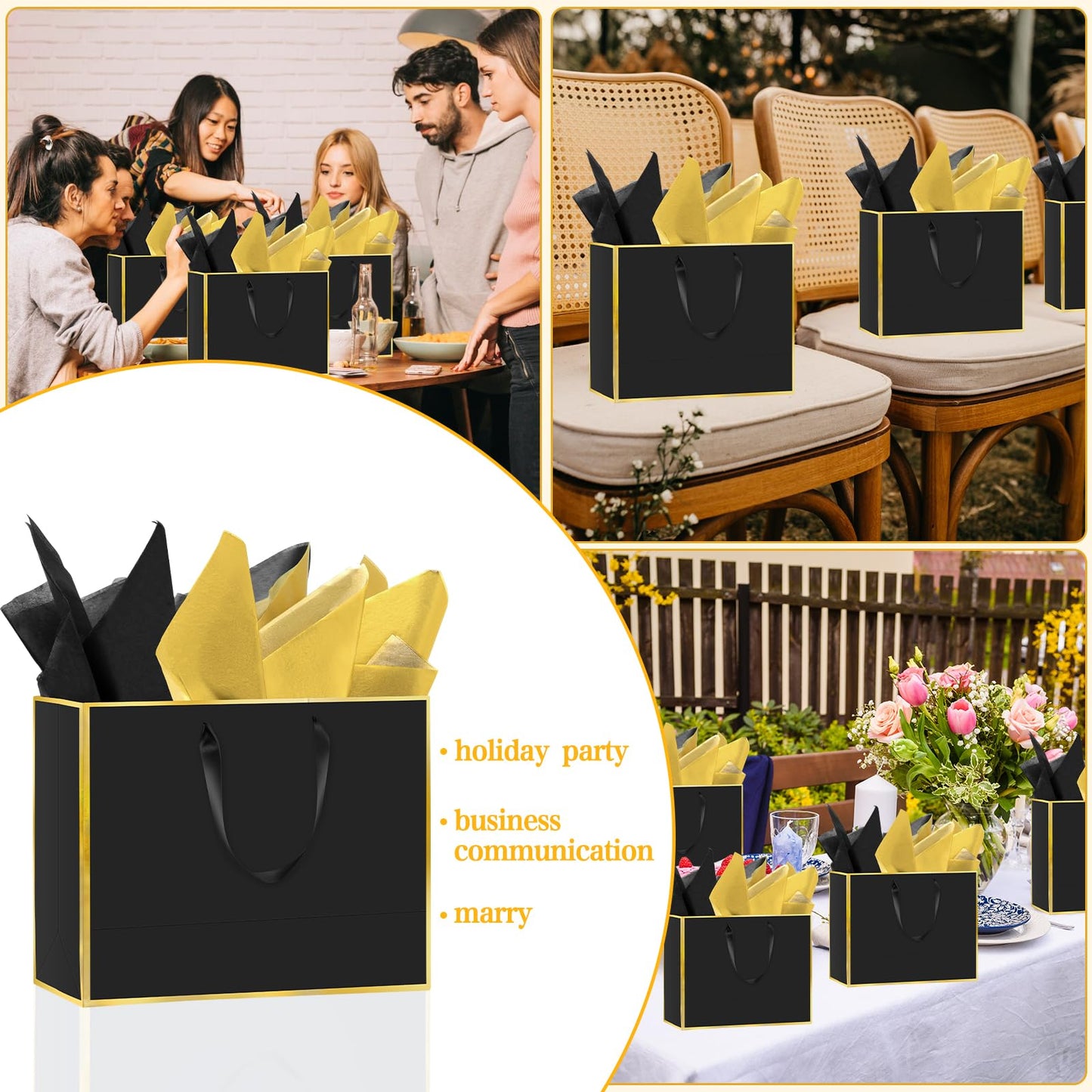 Epoesch 12 Pack Black Gift Bags with Handles – Includes 24 Tissue Paper – 11.8"x10"x4" – Elegant 5 Senses Gift Bags for Wedding, Bridesmaids, Groomsmen, Guests, Easter, Father's Day, Holidays (Black Gold)