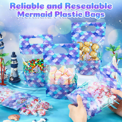 Sweetude 50 Pcs Mermaid Gift Bags Double-sided Print Plastic Bags with Handles Resealable Theme Sealed Pouch for Birthday Baby Shower Candy Gift Wrapping Supplies Decor (Mermaid)