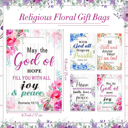 Pasimy 100 Pcs Christian Gift Bags Mother's Day Religious Bible Floral Plastic Bags with Handles Christian Bible Party Favor Pouch Inspirational Flower Candy Goodie Pouch for Women Wedding Church Gift
