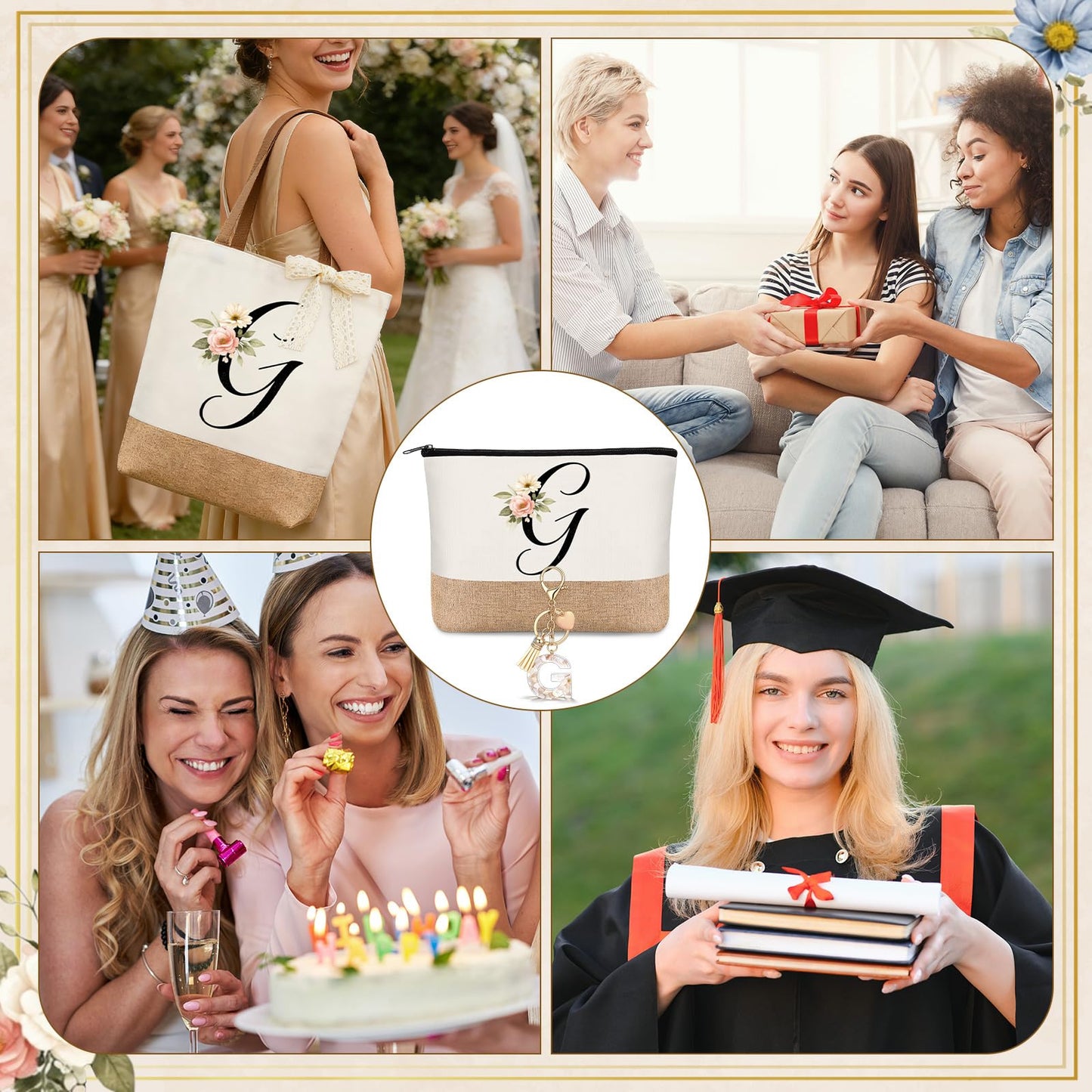 Kacctyen Initial Letter Gifts for Women Initial Letter Jute Tote Bag Makeup Bag Mug Keychain Card Birthday Holiday Gifts(G)