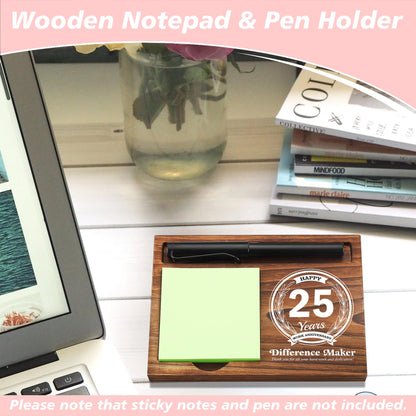 25th Work Anniversary Sticky Note Holder Wooden Notepad & Pen Holder 6.5" x 4.7" Sticky Note Pad Holder Dispenser for Desk Difference Maker Work Appreciation Gifts, NPA231