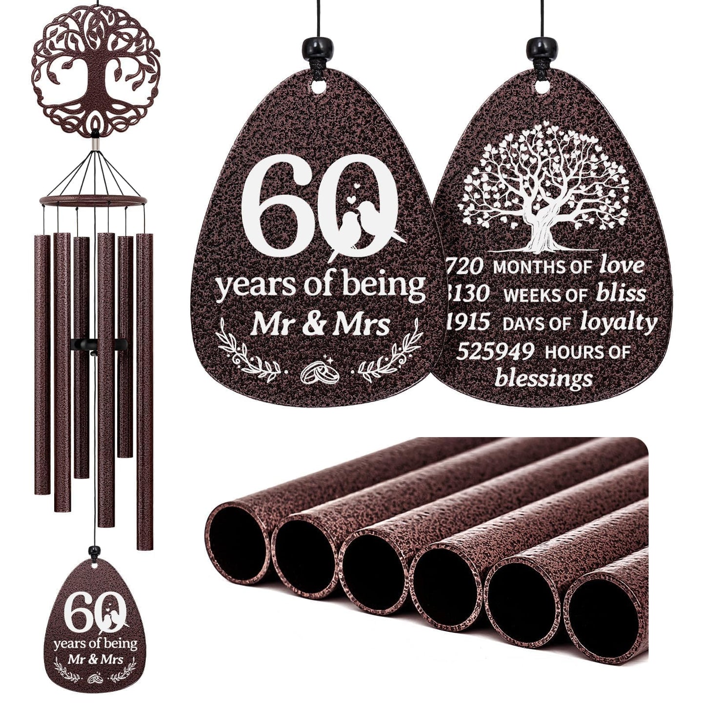 SteadStyle 60th Anniversary Wind Chime, Happy 60th Jubilee Gifts for Parents, Husband, Wife, Couples, Friends - Diamond Anniversary Keepsake Tree of Life Wind Chime Large Size 37 in Garden Patio Decor