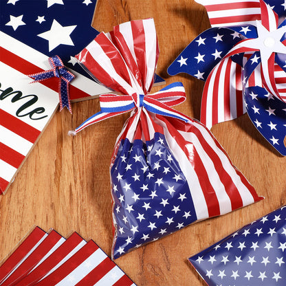 Tenare 100 Pcs Patriotic Gift Cellophane Bags Bulk Plastic Red White Blue American Favor Flag Cellophane Bags 4th of July Treat Goodie Candy Pouches with Ribbon for Veterans Party Favors