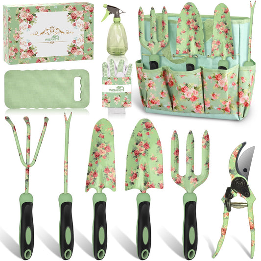 Gardening Tools, WisaKey 10 Piece Heavy Duty Garden Tools Set with Handle, Durable Fashion Garden Organizer Handbag, Ideal Gardening White Elephant Gifts Gift for Woman Mothers