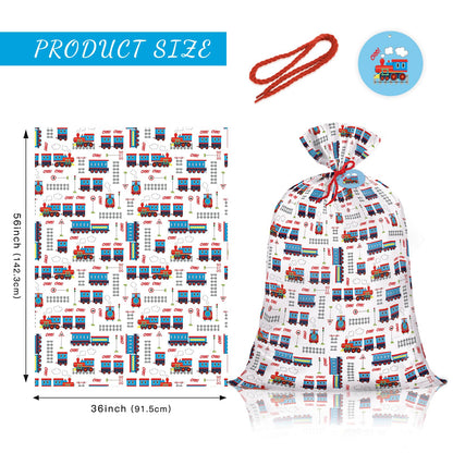 WRAPAHOLIC 56" Extra Large Train Birthday Plastic Gift Bag - Vintage Trains Tracks Jumbo Bike Bag Gift Wrap for Kids Boys Girls Birthday, Baby Shower - 56" H x 36" W